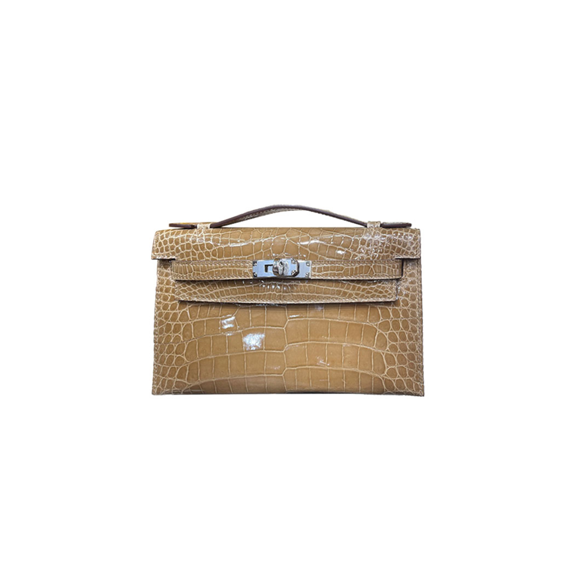 H**mes master kelly pochette shiny niloticus crocodile caramel silver buckle (22*14*7cm)